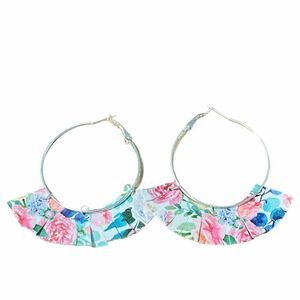 Floral Fringe Hoop Earrings Vegan Leather Statement Earrings Slip On Silver Tone